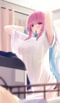  1girl absurdres aqua_hair bangs blurry blurry_foreground breasts daran9 dyed_ahoge highres hololive large_breasts long_hair looking_at_viewer minato_aqua mouth_hold multicolored_hair pink_hair purple_eyes solo two-tone_hair virtual_youtuber 