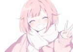  1girl bangs blush closed_eyes coat commentary_request long_sleeves ootori_emu pink_coat pink_hair project_sekai scarf short_hair skunlv smile solo teeth v white_background white_scarf winter_clothes 