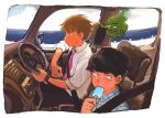  3boys bangs black_hair black_pants blonde_hair blue_shirt blue_sky blush_stickers border bowl_cut car car_interior casual cloud cloudy_sky collared_shirt day dress_shirt driving eating ekubo_(mob_psycho_100) elbow_rest expressionless feet_out_of_frame floating floating_hair food from_side ground_vehicle guard_rail half-closed_eyes hand_up holding holding_food jitome kageyama_shigeo lips looking_ahead looking_to_the_side minahamu mob_psycho_100 motor_vehicle multiple_boys necktie ocean pants pink_necktie plaid plaid_shirt popsicle_in_mouth profile reigen_arataka sanpaku seatbelt shirt short_hair sky sleeves_rolled_up spirit steering_wheel summer sweatdrop watch white_border wristwatch 