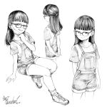  1girl absurdres arms_behind_back bangs blunt_bangs child commentary english_commentary female_child glasses hatching_(texture) highres mask mask_pull monochrome mouth_mask original overalls ravenhart shirt signature smile t-shirt 