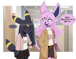  2022 absurd_res anthro belt beverage bottomwear breasts clothed clothing coat coffee coffee_cup container cup digital_media_(artwork) duo eeveelution english_text espeon female fingers fur generation_2_pokemon hair hi_res kabula_(artist) long_hair mammal nintendo open_mouth pokemon pokemon_(species) purple_eyes purse skirt smile speech_bubble sweater teeth text topwear turtleneck umbreon 