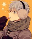  1boy bangs blue_eyes blue_hair coat commentary_request earmuffs holding kuroko_no_basuke kuroko_tetsuya lip_balm long_sleeves male_focus mashima_shima mittens orange_background parted_lips scarf short_hair snowflakes solo striped winter_clothes 