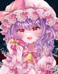  1girl :d bangs bat_wings bell blush bow bowtie collared_shirt fang frilled_shirt_collar frills gift hat hat_bow hat_ribbon holding holding_gift jaku_sono looking_at_viewer medium_hair mob_cap neck_bell open_mouth pink_bow pink_bowtie pink_headwear pink_ribbon pink_shirt pointy_ears purple_hair red_eyes remilia_scarlet ribbon shirt slit_pupils smile solo touhou upper_body wavy_hair wings wrist_cuffs 