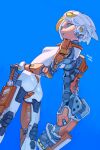  1girl absurdres aqua_eyes armor artist_name ass asymmetrical_arms blonde_hair blue_background breasts colored_skin from_behind highres joints koutetu_yarou looking_at_viewer looking_back mechanical_arms multicolored_hair nude original ringed_eyes robot_girl robot_joints short_hair sideboob small_breasts solo two-tone_hair white_hair white_skin 