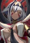  1girl absurdres animal_ears breasts dark-skinned_female dark_skin earrings egyptian facial_mark fate/grand_order fate_(series) grey_hair hair_between_eyes hairband highres jackal_ears jewelry looking_at_viewer multicolored_hair nitocris_alter_(fate) parted_lips purple_hair short_hair skysign_ft solo two-tone_hair yellow_eyes 