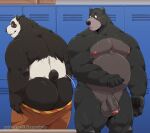  2023 absurd_res anthro balls baloo bear belly big_belly black_body black_nose blush bodily_fluids bottomwear butt clothing detailed_background dreamworks duo genitals giant_panda hi_res jumperbear kemono kung_fu_panda locker_room male male/male mammal master_po_ping moobs musclegut nipples overweight overweight_male penis shorts sweat undressing white_body 