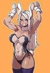  1girl 7a_(se7ena) abs animal_ears armpits arms_up bangs black_leotard blush boku_no_hero_academia breasts cleavage cowboy_shot dark-skinned_female dark_skin fur_collar gloves grin highres large_breasts leotard long_hair mirko muscular muscular_female navel orange_background parted_bangs playboy_bunny purple_thighhighs rabbit_ears rabbit_tail red_eyes see-through see-through_leotard simple_background smile solo tail thighhighs white_gloves white_hair 