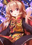  1girl blonde_hair chinese_clothes closed_eyes cowboy_shot crescent happy highres junko_(touhou) long_hair one-hour_drawing_challenge open_mouth phoenix_crown pom_pom_(clothes) red_nails red_tabard ruu_(tksymkw) simple_background solo tabard tassel touhou very_long_hair white_background yellow_tabard 