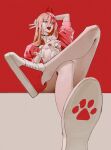  1girl absurdres arm_behind_back black_choker chainsaw_man choker cross-shaped_pupils crossed_legs ericga hair_between_eyes highres horns long_hair looking_to_the_side meowy_(chainsaw_man) open_mouth paw_print pink_hair power_(chainsaw_man) red_background red_horns red_theme sharp_teeth shoes simple_background sneakers solo symbol-shaped_pupils teeth tongue tongue_out v yellow_eyes 