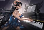  2023 5_fingers anthro aomori black_hair breasts clothed clothing digital_media_(artwork) dragon female fingers hair horn keyboard_instrument musical_instrument non-mammal_breasts piano smile wingless_dragon 