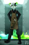  2019 anthro apron biped black_ears boots clothing fleurfurr footwear green_inner_ear green_nose hair hands_behind_back hi_res looking_at_viewer looking_down_at_viewer male mammal monotone_hair murid murine rat rodent solo watermark white_hair 