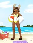  2019 anthro antlers artemis_(artiemog) ball beach_ball bikini biped black_nose brown_body brown_ears brown_fur brown_hair brown_inner_ear capreoline clothing cooler deer eyewear female fleurfurr fur glasses gloves_(marking) hair hi_res hooves horn inflatable inner_ear_fluff mammal markings monotone_ears monotone_hair monotone_tail moose multicolored_body multicolored_fur solo swimwear tail tuft two_tone_body two_tone_fur water watermark white_body white_fur white_tail 