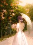  1girl backless_dress backless_outfit bloom bow bush chainsaw_man choker dress flower grass hair_bow highres holding holding_umbrella looking_to_the_side puffy_short_sleeves puffy_sleeves purple_hair reze_(chainsaw_man) short_hair short_sleeves sidelocks solo solraka umbrella white_bow white_choker white_dress 