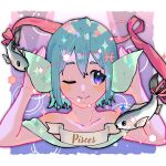  1girl animal_ears blue_eyes blue_hair collarbone constellation facing_viewer fish hair_between_eyes head_fins highres looking_to_the_side mahou_shoujo_madoka_magica miki_sayaka one_eye_closed pink_ribbon pisces ribbon short_hair smile solo star_(symbol) upper_body yooki_(winter_cakes) zodiac 