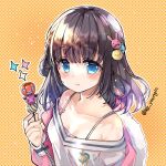  1girl bangs black_hair blue_eyes blush breasts brown_background closed_mouth collarbone fur-trimmed_jacket fur_trim hair_bun hair_ornament hand_up highres holding jacket jin_young-in long_hair nijisanji nijisanji_kr off-shoulder_shirt off_shoulder open_clothes open_jacket pink_jacket polka_dot polka_dot_background shirt simple_background single_side_bun small_breasts smile solo song_mia sparkle virtual_youtuber white_shirt 