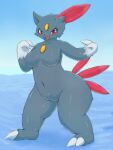  absurd_res anthro biped blue_body blush breasts eyelashes fangs featureless_breasts featureless_crotch female generation_2_pokemon hi_res looking_at_viewer navel nintendo open_mouth pokemon pokemon_(species) red_body red_eyes shiryujack08 smile sneasel snow solo standing teeth 