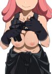  1girl black_gloves boku_no_hero_academia breasts breasts_out cleavage clothes_lift gloves hatsume_mei head_out_of_frame highres large_breasts long_hair morisobo nipples no_bra pink_hair shirt_lift simple_background smile solo tank_top white_background 