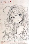  1girl ahoge artist_name baozi blush chougei_(kancolle) closed_mouth dated food hair_ornament holding holding_food jacket kantai_collection kirisawa_juuzou long_hair long_sleeves monochrome photo_(medium) signature smile solo traditional_media 