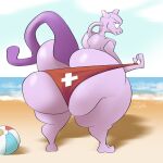  1:1 anthro ball beach beach_ball big_butt butt clothing generation_1_pokemon huge_butt inflatable legendary_pokemon lifeguard looking_at_viewer looking_back male mewtwo narrowed_eyes nintendo outside pokemon pokemon_(species) purple_body purple_skin rear_view seaside solo speedo swimwear tail thick_thighs underwear wide_hips zyfoh 