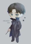  1boy animification bangs black_hair blue_eyes blush character_name chibi coat copyright_name fantastic_beasts_and_where_to_find_them frown full_body hand_in_pocket harry_potter_(series) helmut_(fantastic_beasts) high_collar highres holding holding_wand looking_at_viewer male_focus necktie parted_bangs solo sparkle wand ying_zui_yu_weiba_de_shengzhang 