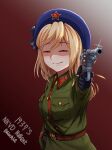  1girl anjjun bangs blonde_hair blue_headwear closed_eyes commentary english_text girls&#039;_frontline gloves gradient_background gun hair_between_eyes highres holding holding_weapon holster long_hair long_sleeves nagant_m1895 nagant_revolver_(girls&#039;_frontline) nkvd pointing_weapon revolver shirt smile solo weapon 