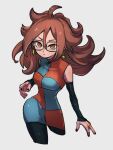  1girl android_21 breasts checkered_clothes checkered_dress detached_sleeves dragon_ball dragon_ball_fighterz dress earrings glasses grey_background hair_between_eyes hoop_earrings jewelry kemachiku large_breasts long_hair looking_at_viewer red_eyes red_hair ring simple_background solo 