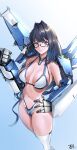  1girl absurdres bare_legs bare_shoulders bikini blue_eyes blue_hair breasts commentary dated english_commentary glasses hair_intakes highres hololive hololive_english keisuke_desu~ large_breasts looking_at_viewer mecha mechanical_arms navel ouro_kronii panties robot semi-rimless_eyewear short_hair signature solo swimsuit thighhighs underwear virtual_youtuber white_thighhighs 