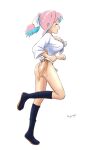  1girl artist_name ass blue_hair breasts clenched_hands closed_eyes commentary from_side full_body fundoshi highres hiyama_yuu_(wee259hiyama) hozuki_kaede japanese_clothes large_breasts light_blue_hair long_hair multicolored_hair onii-chan_wa_oshimai! open_mouth pink_hair rope running side_ponytail simple_background solo thighs two-tone_hair white_background yamakasa 