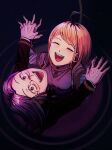 2girls absurdres ahoge akamatsu_kaede blonde_hair blue_hair blue_nails blush closed_eyes crazy_eyes crazy_grin danganronpa_(series) danganronpa_v3:_killing_harmony dark fangs from_above highres holding_hands implied_suicide long_hair looking_up multiple_girls nail_polish necktie noyneiim open_mouth pink_sweater_vest red_necktie rope rope_around_neck school_uniform shirogane_tsumugi smile sweater sweater_vest wide-eyed 