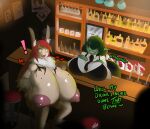  alcohol animal_humanoid areola bar beverage big_breasts big_butt bottle breast_expansion breasts butt clothing container dialogue duo exclamation_point expansion female glubtastic goblin green_body green_hair green_skin hair hand_on_breast hi_res huge_breasts huge_butt humanoid humanoid_pointy_ears hyper hyper_breasts lagomorph lagomorph_humanoid leporid_humanoid mammal mammal_humanoid nipples obscured_eyes open_mouth rabbit_humanoid red_hair sharp_teeth surprise teeth text torn_clothing unknown_character wanted_poster wardrobe_malfunction yellow_eyes 