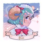  1girl blue_eyes blue_hair bow bowtie constellation facing_to_the_side fortissimo fur_collar goat_horns highres horns looking_at_viewer mahou_shoujo_madoka_magica miki_sayaka musical_note pink_bow pink_bowtie profile short_hair smile solo star_(symbol) yooki_(winter_cakes) zodiac 