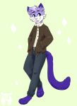  2019 anthro biped blep bottomwear cheek_tuft clothing coat dipstick_ears facial_tuft felid feline fleurfurr fur hair hi_res inner_ear_fluff male mammal monotone_hair monotone_tail multi_tone_fur multicolored_ears pants pink_nose purple_body purple_ears purple_fur purple_hair purple_inner_ear purple_tail simple_background solo tail tongue tongue_out topwear tuft two_tone_ears watermark white_body white_fur 