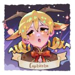  1girl animal_ears blonde_hair bow bowtie capricorn constellation drill_hair goat_ears goat_horns hair_between_eyes highres horns long_hair mahou_shoujo_madoka_magica open_mouth red_bow red_bowtie solo star_(symbol) tomoe_mami upper_body yellow_eyes yooki_(winter_cakes) zodiac 