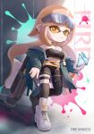  1girl :q absurdres arknights asymmetrical_clothes bandeau bare_shoulders black_pants brown_hair commentary_request dog_tags eyewear_on_head firewhistle_(arknights) highres holding inkling jacket leggings long_sleeves looking_at_viewer midriff open_clothes open_jacket pants shoes single_pantsleg smile sneakers solo splatoon_(series) stomach strapless sunglasses thigh_strap thighs tongue tongue_out tube_top w020309449 white_footwear yellow_eyes 