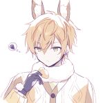  1boy animal_ear_fluff animal_ears bangs blonde_hair cardigan carrot closed_mouth commentary earrings gloves green_eyes hair_between_eyes jewelry long_sleeves male_focus multicolored_hair neck_fur orange_hair project_sekai rabbit_ears shinonome_akito skunlv solo streaked_hair symbol-only_commentary thought_bubble white_background 