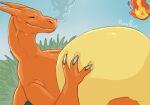  ambiguous_gender belly big_belly claws closed_smile eyes_closed fangs feral fire flaming_tail horn hyper hyper_belly low_res lying mouth_closed nintendo on_back orange_body orange_horn pokemon roobin side_view signature slight_smile smoke solo species_request teeth white_claws yellow_body 