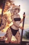  1girl ahoge animal_ear_fluff artist_name ass_visible_through_thighs bandeau bare_shoulders barefoot beltbra blonde_hair blurry blurry_background boat body_freckles body_fur bracelet breasts brown_eyes cheetah_ears cheetah_girl cheetah_print cheetah_tail choker collarbone commentary depth_of_field feather_hair_ornament feathers freckles fur furry furry_female hair_ornament highres jewelry loincloth medium_breasts medium_hair navel necklace original outdoors personal_ami pole river signature smile solo strapless tree tube_top watercraft wind 