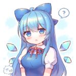  ! !! 1girl ? ahoge alternate_hair_length alternate_hairstyle blue_bow blue_dress blue_eyes blue_hair blush bow cirno collared_shirt daiyousei detached_wings dress fairy hair_between_eyes hair_bow ice ice_wings long_hair open_mouth pjrmhm_coa puffy_short_sleeves puffy_sleeves shirt short_sleeves solo spoken_question_mark touhou upper_body white_shirt wings 