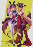  2girls animal_ears bow bowtie fate/grand_order fate_(series) full_body hat high_heels highres koyanskaya_(assassin)_(second_ascension)_(fate) koyanskaya_(foreigner)_(second_ascension)_(fate) long_hair multiple_girls multiple_persona pink_hair rabbit_ears xero yellow_eyes 