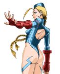  1girl ahoge ass blonde_hair blue_eyes blue_headwear blue_leotard bodypaint braid breasts cammy_white cowboy_shot fingerless_gloves from_behind garrison_cap gesso gloves hat highleg highleg_leotard huge_ahoge leotard lightning_bolt_symbol long_hair looking_at_viewer low_twintails red_gloves ribbed_leotard scar scar_on_face small_breasts solo street_fighter thong_leotard twin_braids twintails white_background 