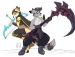  2019 anthro biped black_ears black_hair black_nose black_tail bow_(weapon) brown_ears brown_nose brown_pawpads canid canine cape clothed clothing dipstick_ears dipstick_tail duo ears_back fleurfurr fox fur grey_body grey_fur grey_tail hair male mammal markings melee_weapon monotone_hair multicolored_body multicolored_ears multicolored_fur pawpads pink_eyes pivoted_ears polearm procyonid raccoon ranged_weapon ring_(marking) ringtail scythe sketch tail tail_markings two_tone_body two_tone_ears two_tone_fur watermark weapon white_body white_fur yellow_body yellow_ears yellow_eyes yellow_fur 