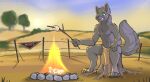  2023 4_toes abs anthro athletic athletic_anthro athletic_male biped black_nose blurred_background bottomwear campfire candy canid canine canis chest_tuft claws clothed clothing dessert digital_media_(artwork) feet finger_claws fingers food fur green_eyes grey_body grey_fur hi_res humanoid_hands jonas-puppeh licking licking_lips licking_own_lips loincloth male mammal marshmallow navel outside partially_clothed paws pecs pyndan sitting smile solo tail toe_claws toes tongue tongue_out tree_stump tuft wolf 