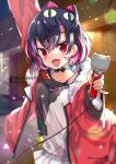  1girl :d arm_up bangs black_hair black_hoodie blurry blurry_background blush breasts character_name collarbone copyright_name depth_of_field fang fur-trimmed_jacket fur_trim hair_between_eyes hair_intakes highres holding holding_microphone hood hood_down hoodie jacket jin_young-in ko_yami long_sleeves looking_at_viewer microphone multicolored_hair night nijisanji nijisanji_kr open_clothes open_jacket outdoors pink_hair pleated_skirt red_eyes red_jacket skirt small_breasts smile solo streaked_hair virtual_youtuber white_hoodie white_skirt 