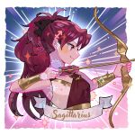  1girl arrow_(projectile) black_ribbon bow_(weapon) constellation greek_clothes hair_ribbon high_ponytail highres holding holding_bow_(weapon) holding_weapon long_hair looking_to_the_side mahou_shoujo_madoka_magica ponytail profile red_eyes red_hair ribbon sagittarius sakura_kyouko smile solo star_(symbol) upper_body weapon yooki_(winter_cakes) zodiac 