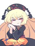  1girl @_@ black_dress black_headwear blonde_hair blush_stickers chinese_clothes closed_mouth dress fried_rice0614 highres junko_(touhou) long_hair long_sleeves phoenix_crown red_eyes simple_background smile solo touhou upper_body white_background wide_sleeves 