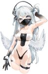  1girl angel_wings armpits bangs bare_shoulders breasts cleavage collarbone cowboy_shot cropped_legs elbow_gloves feathered_wings gloves gotou_(nekocat) grey_eyes grey_hair hat head_tilt highres large_breasts long_hair looking_at_viewer mask mouth_mask navel original see-through solo strapless thigh_gap thigh_strap two_side_up very_long_hair white_background wings 