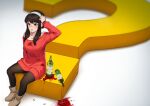  1girl ? artist_name bangs black_hair blush brown_footwear confused drunk earrings gold_earrings hairband highres i_forgor_(meme) jewelry long_hair looking_at_viewer looking_to_the_side meme open_mouth pantyhose red_eyes red_sweater sasoura sidelocks simple_background sitting solo spill spy_x_family stain sweater white_background white_hairband yor_briar 