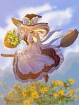  1girl :d absurdres apron back_bow basket black_headwear black_skirt black_vest blonde_hair blurry blurry_background boots bow braid broom broom_riding brown_footwear cloud collared_shirt commentary floating_hair flower frilled_skirt frills from_side full_body hair_bow hand_on_headwear hat hat_bow hat_flower high_heel_boots high_heels highres holding holding_basket kirisame_marisa long_hair looking_ahead neck_ribbon open_mouth panghulao puffy_short_sleeves puffy_sleeves purple_bow purple_ribbon ribbon shirt short_sleeves single_braid skirt sky smile solo teeth touhou upper_teeth_only vest waist_apron white_apron white_bow white_shirt witch_hat wrist_cuffs yellow_eyes yellow_flower 