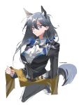  1girl absurdres animal_ears arknights ascot black_hair black_jacket breasts extra_ears gertrude_(arknights) hair_between_eyes highres jacket ling_s long_hair looking_at_viewer medium_breasts purple_eyes shirt simple_background sketch solo tail upper_body white_ascot white_background white_shirt wolf_ears wolf_girl wolf_tail 