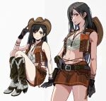 1girl absurdres adjusting_clothes adjusting_headwear bangs bare_shoulders beads belt belt_buckle black_gloves black_hair blush boots bracelet breasts brown_footwear brown_skirt brown_vest buckle cleavage closed_mouth cowboy_boots cowboy_hat cowboy_shot crisis_core_final_fantasy_vii crop_top earrings final_fantasy final_fantasy_vii final_fantasy_vii_remake full_body gloves hair_beads hair_ornament hat highres jewelry leather_skirt leather_vest long_hair looking_at_viewer medium_breasts midriff miniskirt multiple_views navel parted_lips red_eyes shiren_(ourboy83) shirt simple_background single_earring sitting skirt standing thighs tifa_lockhart vest white_background white_shirt 